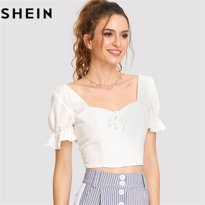 SHEIN Solid White Women Short Sleeve Tops Casual Party 2018 New Summer Knot Front Ruffle Sleeve Slim Fit Smocked Backless Blouse