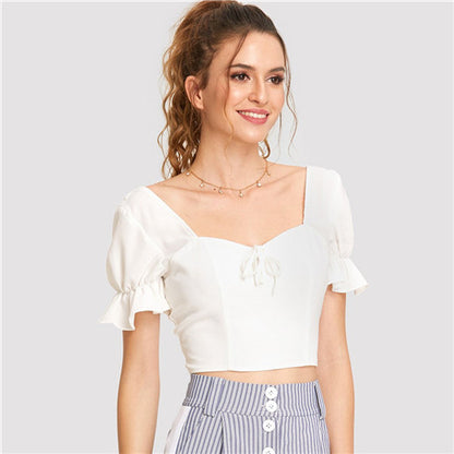 SHEIN Solid White Women Short Sleeve Tops Casual Party 2018 New Summer Knot Front Ruffle Sleeve Slim Fit Smocked Backless Blouse