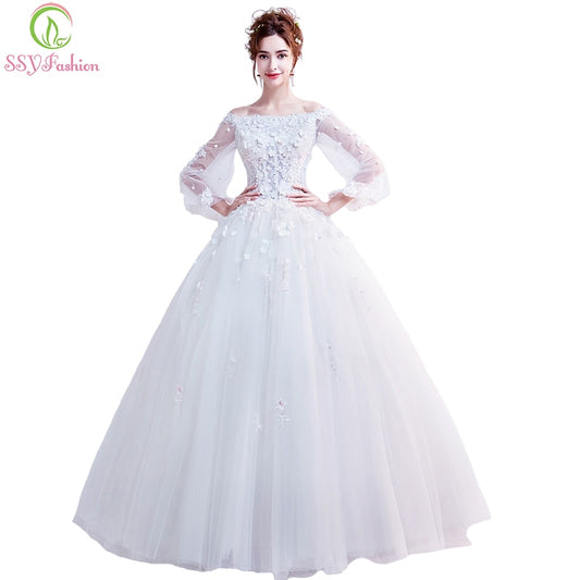 SSYFashion 2018 New White Wedding Dress The Bride Boat Neck Long Sleeved Lace Flower A-line Floor-length Wedding Gown In Stock