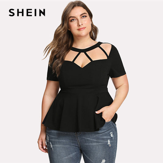 SHEIN Cutout Neck Peplum Top 2018 Summer Round Neck Short Sleeve Ruffle Hem Blouse Women Solid Plus Size Party Sexy Top