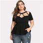 SHEIN Cutout Neck Peplum Top 2018 Summer Round Neck Short Sleeve Ruffle Hem Blouse Women Solid Plus Size Party Sexy Top