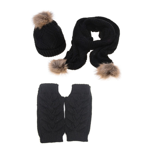 Women Knitted Winter Beanie Bobble Stretchy Pom Pom Hat Scarf and Gloves Set