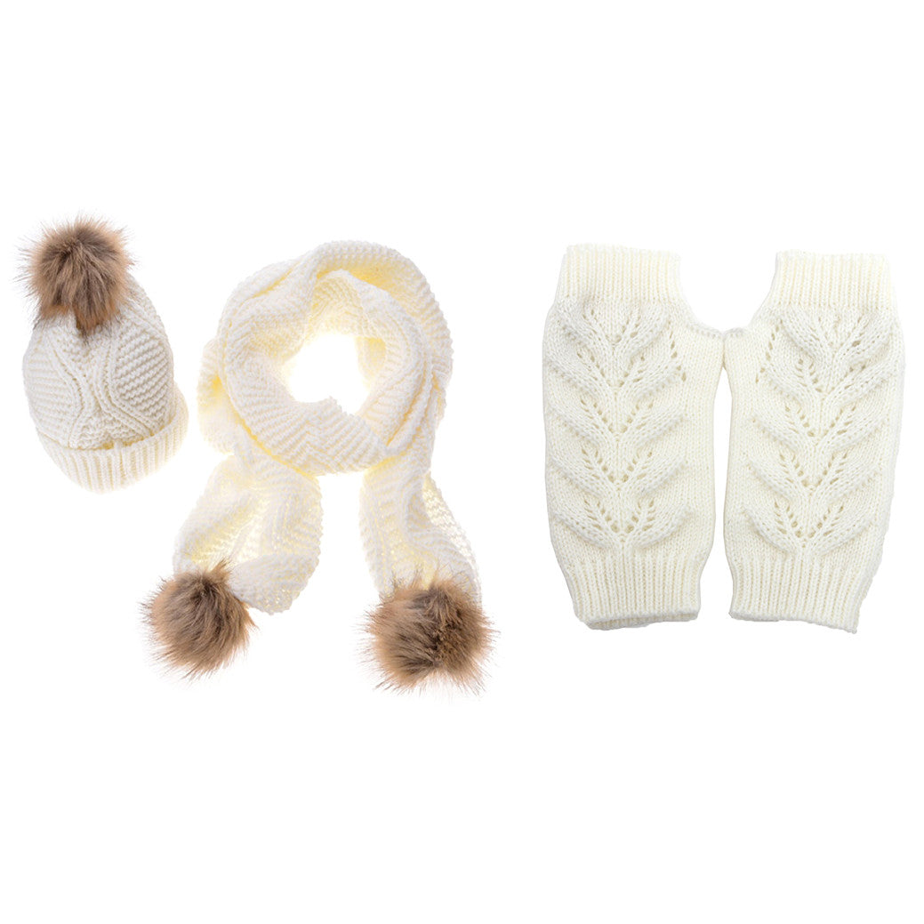 Women Knitted Winter Beanie Bobble Stretchy Pom Pom Hat Scarf and Gloves Set