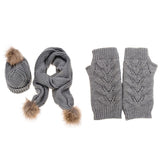Women Knitted Winter Beanie Bobble Stretchy Pom Pom Hat Scarf and Gloves Set