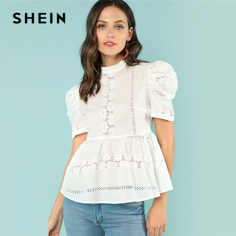 SHEIN Beige Plain Elegant Stand Collar Puff Short Sleeve Cut Out Regular Fit Blouse Summer Women Workwear Casual Top