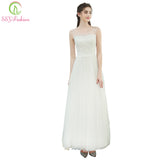 SSYFashion New Simple Travel Wedding Dress The Bride Married White Lace Appliques Sleeveless Tulle Lithe Long Wedding Party Gown