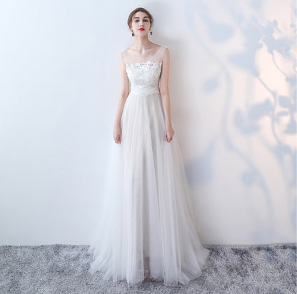 SSYFashion New Simple Travel Wedding Dress The Bride Married White Lace Appliques Sleeveless Tulle Lithe Long Wedding Party Gown