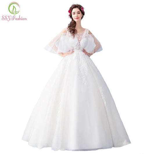 SSYFashion New The Bride Married Wedding Dress Sweet White Lace Embroidery A-line Floor-length Wedding Gown Vestido De Noiva