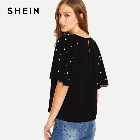 SHEIN Black Elegant Round Neck Half Butterfly Raglan Sleeve Pearls Beaded Button Blouse Summer Women Weekend Casual Shirt Top