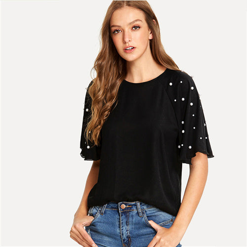 SHEIN Black Elegant Round Neck Half Butterfly Raglan Sleeve Pearls Beaded Button Blouse Summer Women Weekend Casual Shirt Top