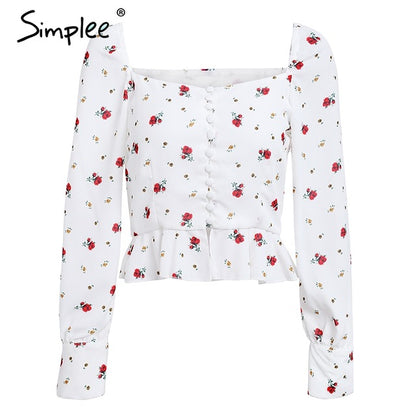 Simplee Vintage ruffle white blouse shirt women Puff long sleeve summer peplum top 2018 Square neck print chiffon blusa feminina