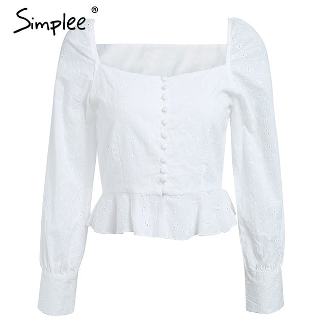 Simplee Vintage ruffle white blouse shirt women Puff long sleeve summer peplum top 2018 Square neck print chiffon blusa feminina