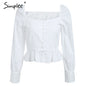 Simplee Vintage ruffle white blouse shirt women Puff long sleeve summer peplum top 2018 Square neck print chiffon blusa feminina