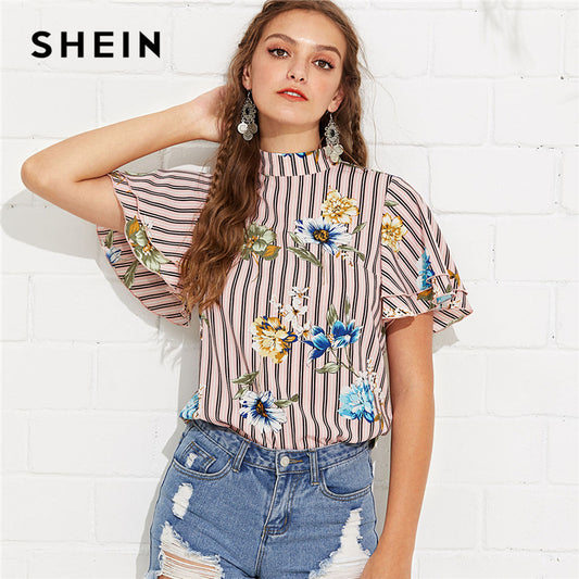 SHEIN Multicolor Vacation Bohemian Beach Stand Collar Layered Flounce Sleeve Floral Print Striped Blouse Summer Women Shirt Top