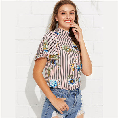 SHEIN Multicolor Vacation Bohemian Beach Stand Collar Layered Flounce Sleeve Floral Print Striped Blouse Summer Women Shirt Top