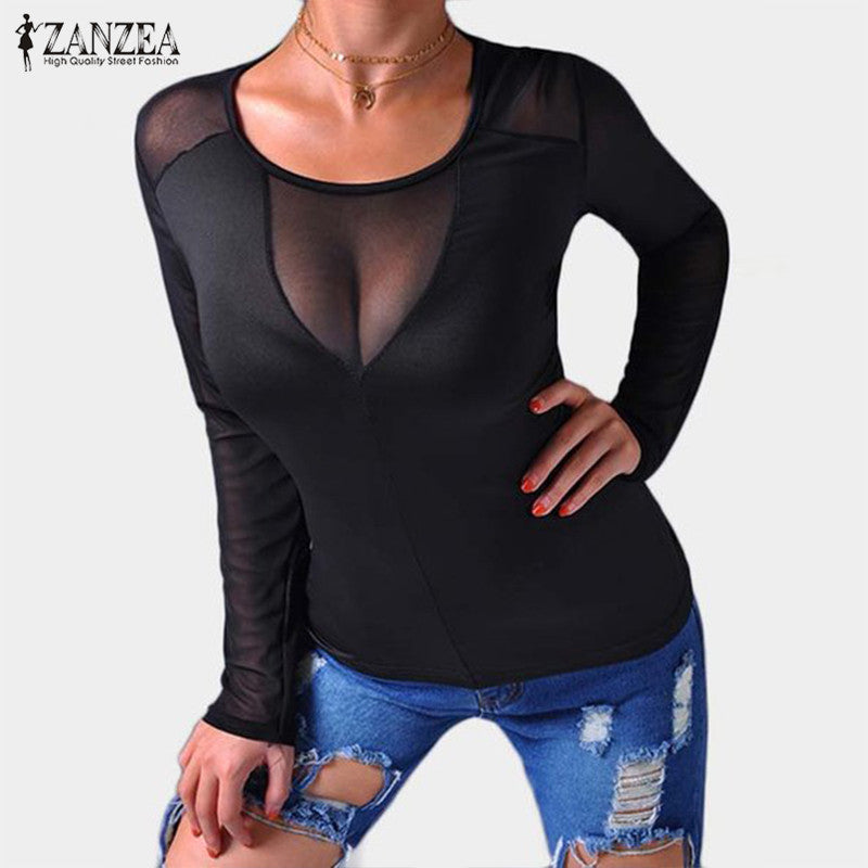 ZANZEA Women Sexy Splice Mesh Blouses 2018 Blusas Femininas Long Sleeve O Neck Casual Solid Slim See Through Shirts Tops Tees