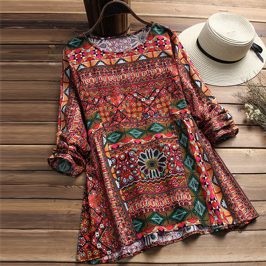 ZANZEA Casual O Neck Long Sleeve Long Blouse 2018 Spring Women Retro Ethnic Printed Cotton Linen Pleated Work OL Shirt Vestido