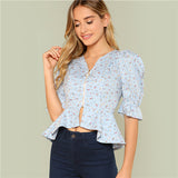 SHEIN Multicolor Elegant Floral Print Striped V Neck Flounce Half Sleeve Crop Blouse Summer Women Casual Short Shirt Top