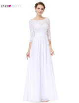 Mother Of The Bride Dress White Chiffon A Line EP07412 Ever Pretty Scoop Neck 3/4 Sleeve Lace Floor Length Wedding Party Dress
