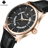 WWOOR Brand Luxury Men Quartz Watch Waterproof Hollow Date Business Wristwatch Male Leather Strap Sports Watches Men Gold Clock