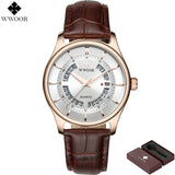 WWOOR Brand Luxury Men Quartz Watch Waterproof Hollow Date Business Wristwatch Male Leather Strap Sports Watches Men Gold Clock