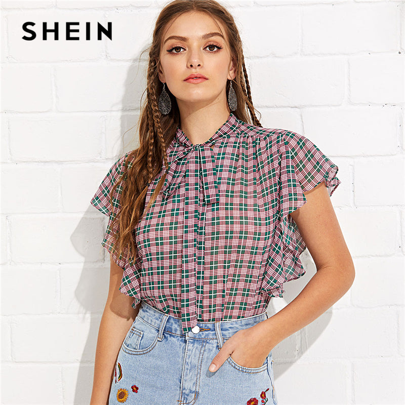 SHEIN Multicolor Preppy Stand Collar Butterfly Short Sleeve Tie Neck Ruffle Plaid Blouse Summer Women Casual Going Out Shirt Top