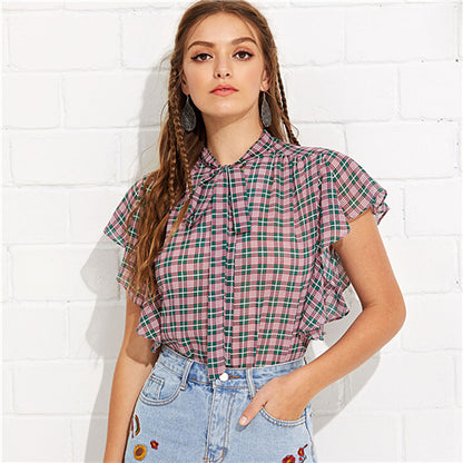 SHEIN Multicolor Preppy Stand Collar Butterfly Short Sleeve Tie Neck Ruffle Plaid Blouse Summer Women Casual Going Out Shirt Top