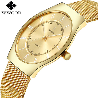 WWOOR Top Brand Luxury Men Ultra Thin Waterproof Gold Watch Men's Quartz Slim Analog Clock Male Sports Watches relogio masculino