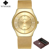 WWOOR Top Brand Luxury Men Ultra Thin Waterproof Gold Watch Men's Quartz Slim Analog Clock Male Sports Watches relogio masculino