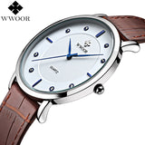 Men's Watches Brand Luxury Waterproof Ultra Thin Quartz Sports Watch Men Leather Strap Wristwatch Male Famous WWOOR Slim Clock