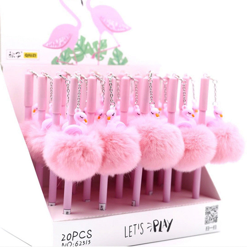 Korean Stationery Cute Plastic Pink Rabbit Hair Flamingos Gel Pen For Kids Gift Writing Kawaii Neutral Pens School Supplies