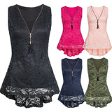 Women Floral Lace Zip Up Tank Top Sleeveless Slim Vest Pure T Shirts