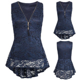 Women Floral Lace Zip Up Tank Top Sleeveless Slim Vest Pure T Shirts