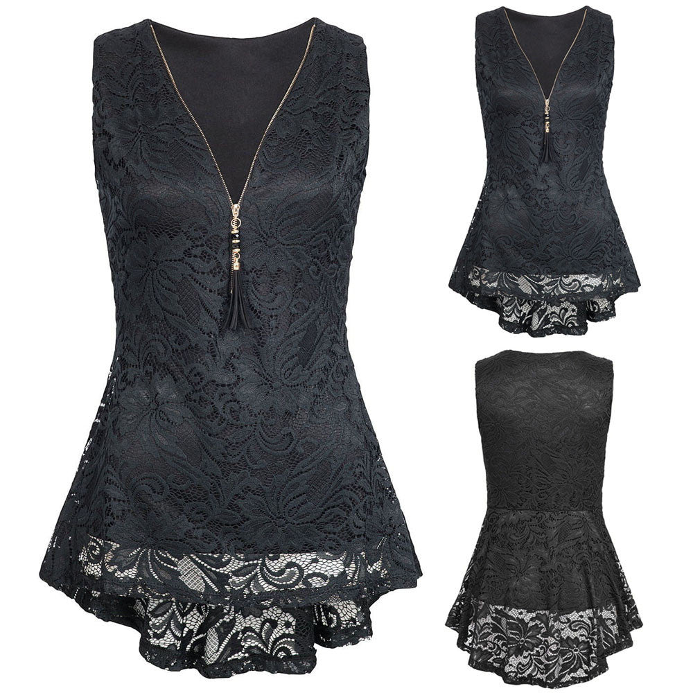 Women Floral Lace Zip Up Tank Top Sleeveless Slim Vest Pure T Shirts