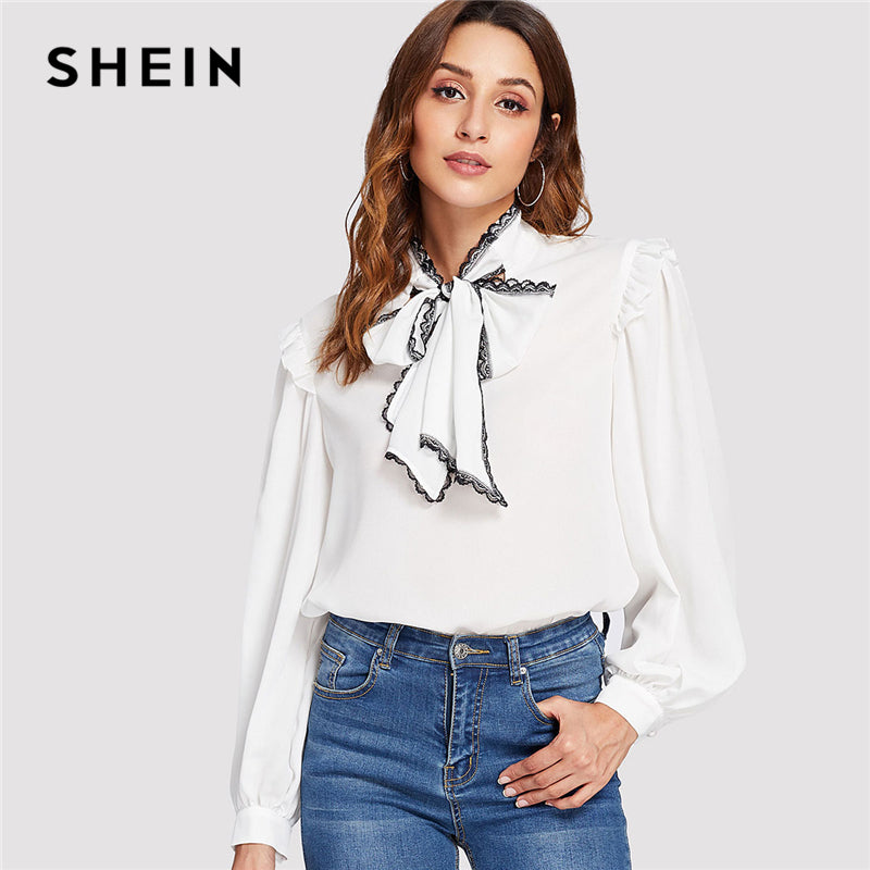 SHEIN White Elegant Contrast Lace Tied Neck Stand Collar Bishop Long Sleeve Blouse Summer Women Workwear Casual Shirt Top