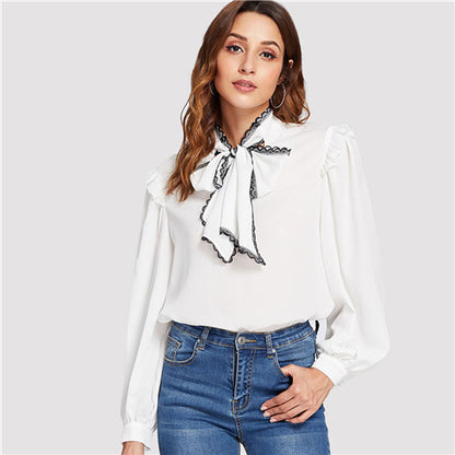 SHEIN White Elegant Contrast Lace Tied Neck Stand Collar Bishop Long Sleeve Blouse Summer Women Workwear Casual Shirt Top