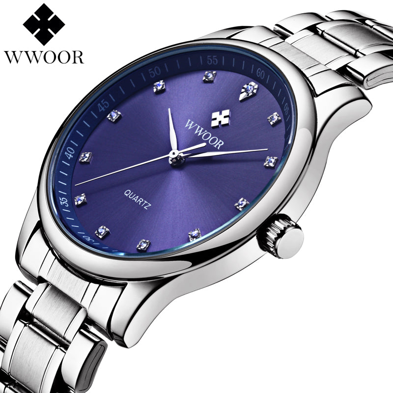 WWOOR Brand Men Waterproof Sports Watches Men's Simple Casual Quartz Watch Diamonds Hour Stainless Steel Wrist Watch Male Clock