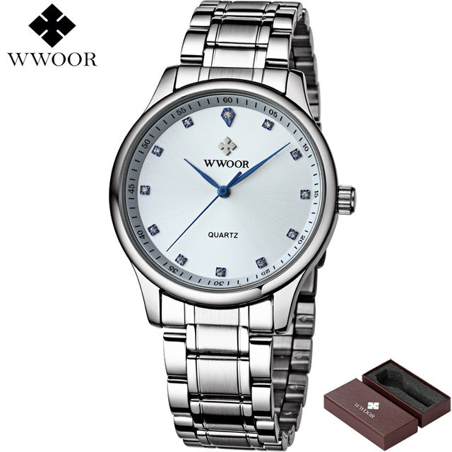 WWOOR Brand Men Waterproof Sports Watches Men's Simple Casual Quartz Watch Diamonds Hour Stainless Steel Wrist Watch Male Clock