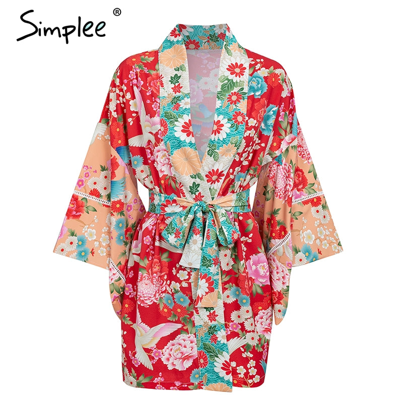 Simplee Floral print spliced japanese kimono blouse Flare sleeve summer long blouse women Loose bow  waist casual  blouse shirt