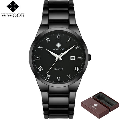 WWOOR Brand Luxury Men's Quartz Business Watch Men Waterproof Stainless Steel Sports Watches Male Black Clock relogio masculino