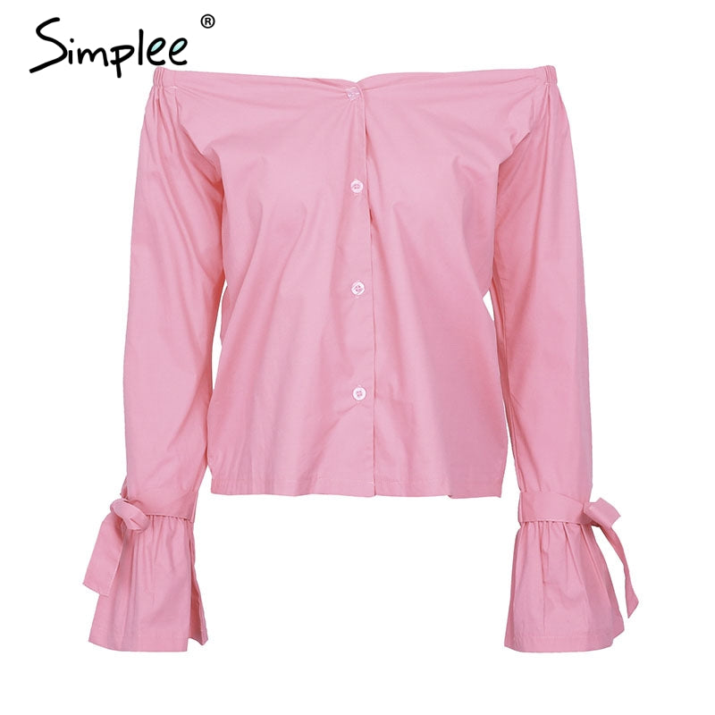 Simplee Casual off shoulder sexy blouse shirt women Bow long sleeve blouse 2018 Summer beach pink blusa