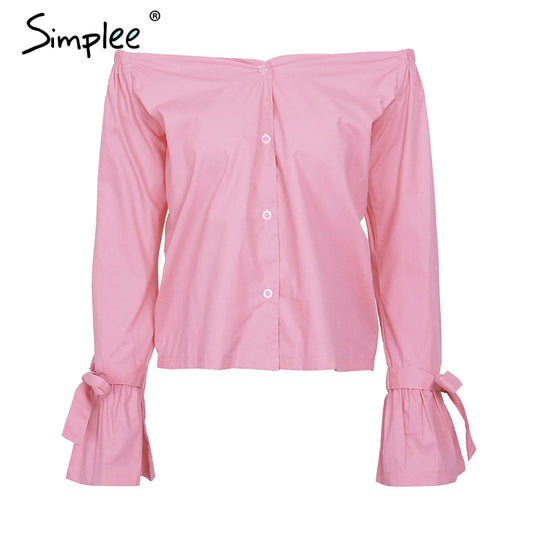 Simplee Casual off shoulder sexy blouse shirt women Bow long sleeve blouse 2018 Summer beach pink blusa