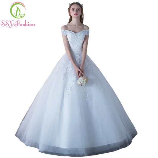 SSYFashion New The Bride Elegant White Lace Wedding Dress Boat Neck Appliques A-line Floor-length Wedding Gown Vestido De Noiva