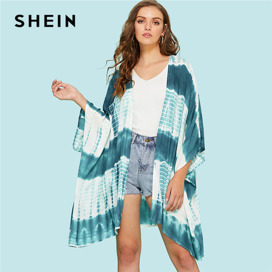 SHEIN Multicolor Vacation Boho Bohemian Beach Tie Dye Print Three Quarter Length Sleeve Kimono Summer Women Casual Blouse Top