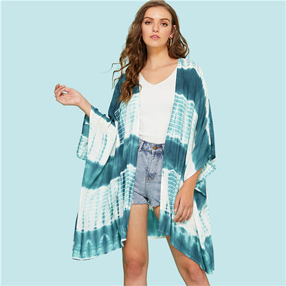 SHEIN Multicolor Vacation Boho Bohemian Beach Tie Dye Print Three Quarter Length Sleeve Kimono Summer Women Casual Blouse Top