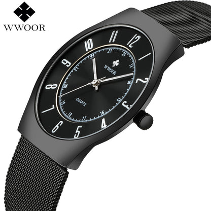 WWOOR Top Brand Luxury Men Ultra Thin Waterproof Sports Watches Men's Quartz Wrist Watch Male Slim Black Clock relogio masculino