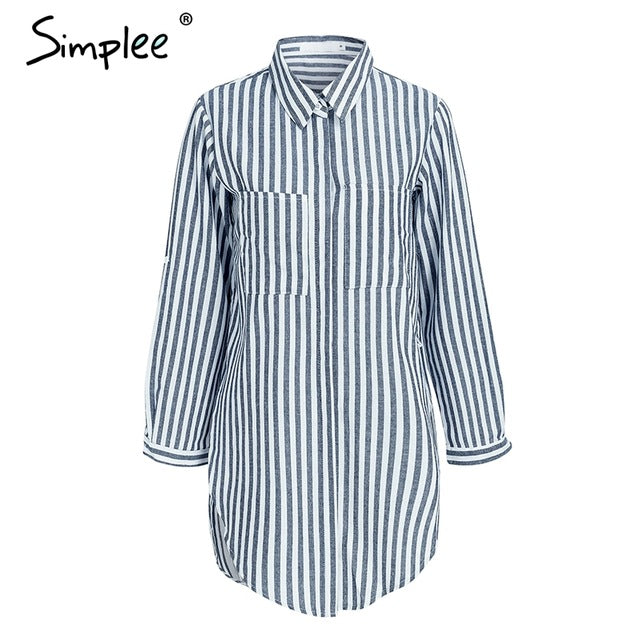 Simplee Striped front pockets long blouse shirt Casual stand neck blouse office lady long sleeves women blouses