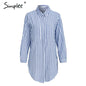 Simplee Striped front pockets long blouse shirt Casual stand neck blouse office lady long sleeves women blouses