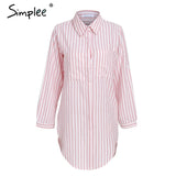 Simplee Striped front pockets long blouse shirt Casual stand neck blouse office lady long sleeves women blouses