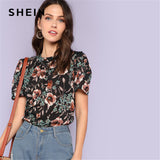SHEIN Multicolor Weekend Casual Pleated Puff Sleeve Gathered Neck Botanical Stand Collar Blouse Summer Women Going Out Shirt Top